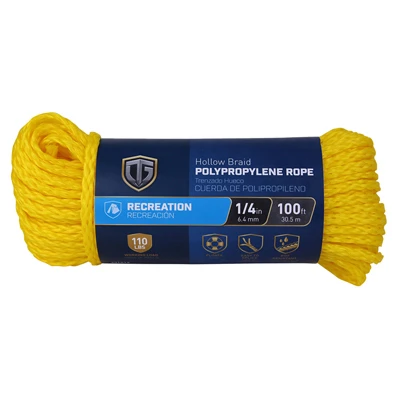 Polypropylene Rope Hollow Core Yellow 1/4 Inch Diameter By 100 Feet Length