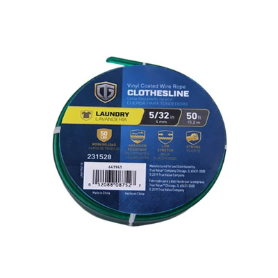 Green Pvc Coated Wire Clothesline, Five Thirty-seconds Inch Diameter By Fifty Feet Length