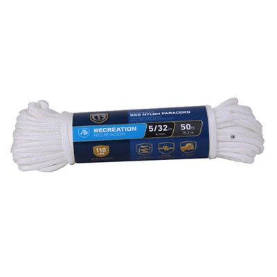 Paracord 550 Nylon Rope White 5/32 Inch Diameter By 50 Feet Length