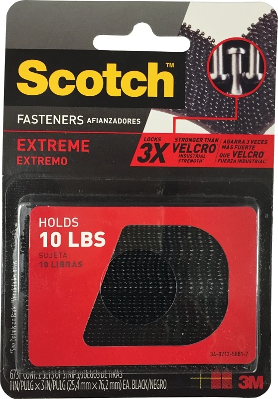 Extreme Fasteners Recloseable Strip, Black, 1 X 3 In., 2-pr.