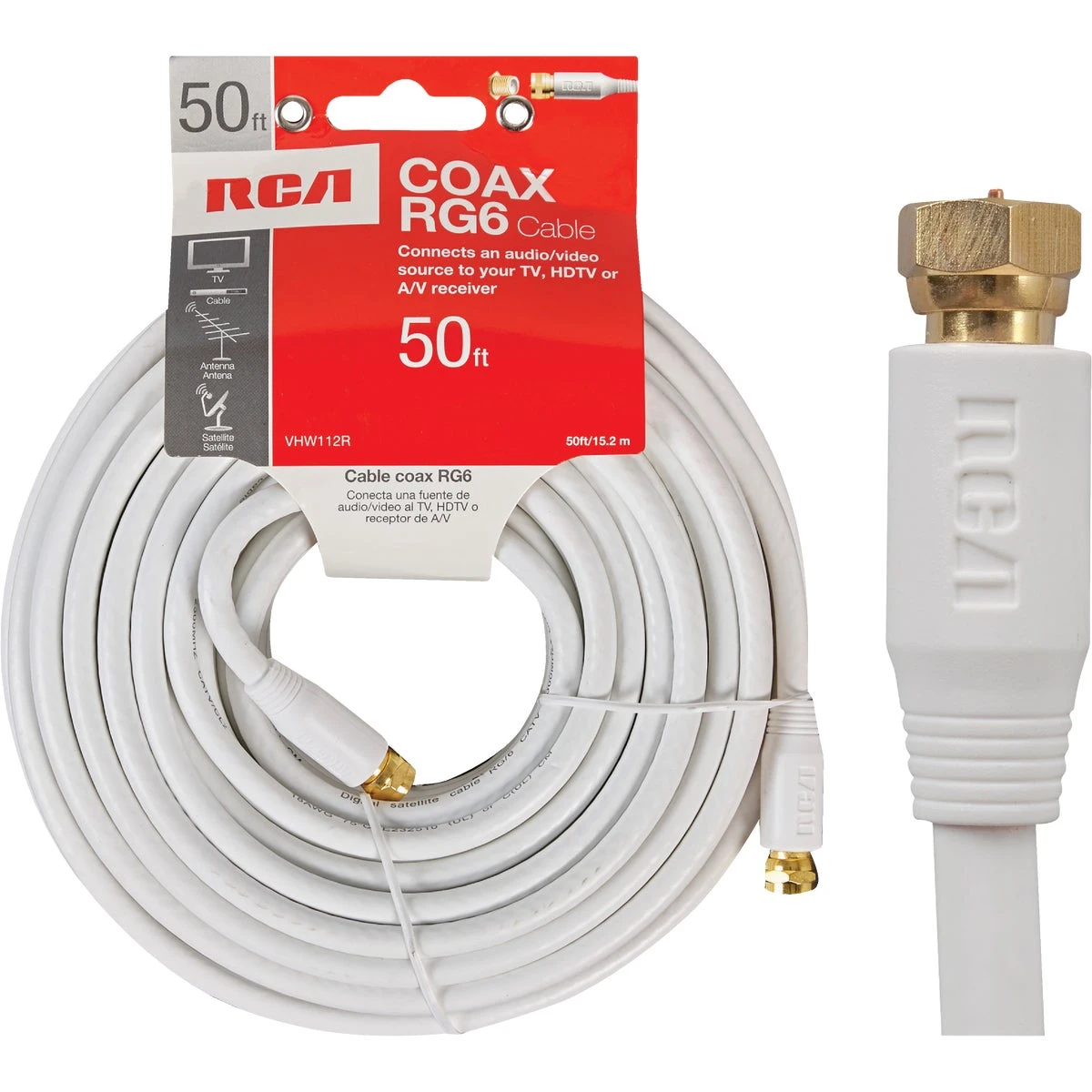 50 Foot White Rg6 Coaxial Cable With F Connectors For Television And Internet