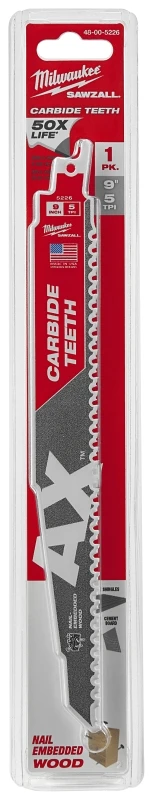 Sawzall Ax Reciprocating Saw Blade, Carbide Teeth, 5 Tpi, 9 In.