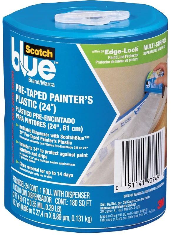 Painter's Plastic Sheeting With Pre-taped Edge And Dispenser, 24 Inch By 90 Feet