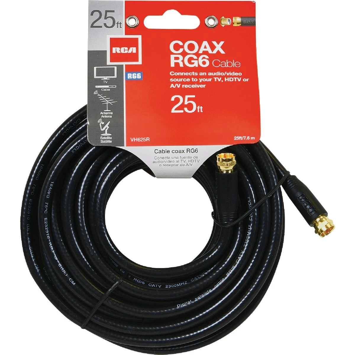 25 Foot Black Rg6 Coaxial Cable With F Connectors For Television And Satellite