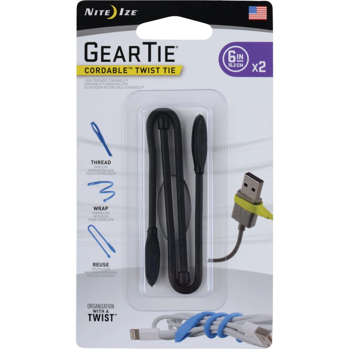 Gear Tie Cordable Twist Ties, Black, 6-in., 2-pk.