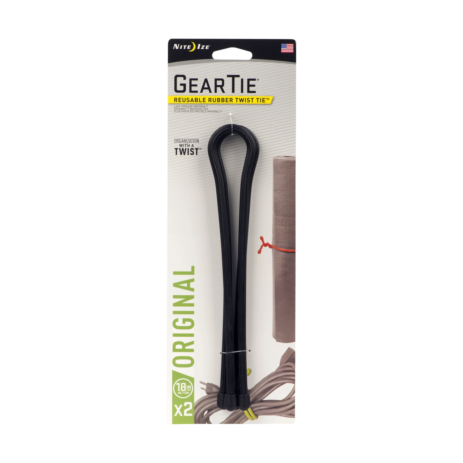 Gear Tie Reusable Rubber Twist Tie, Black, 18-in., 2-pk.