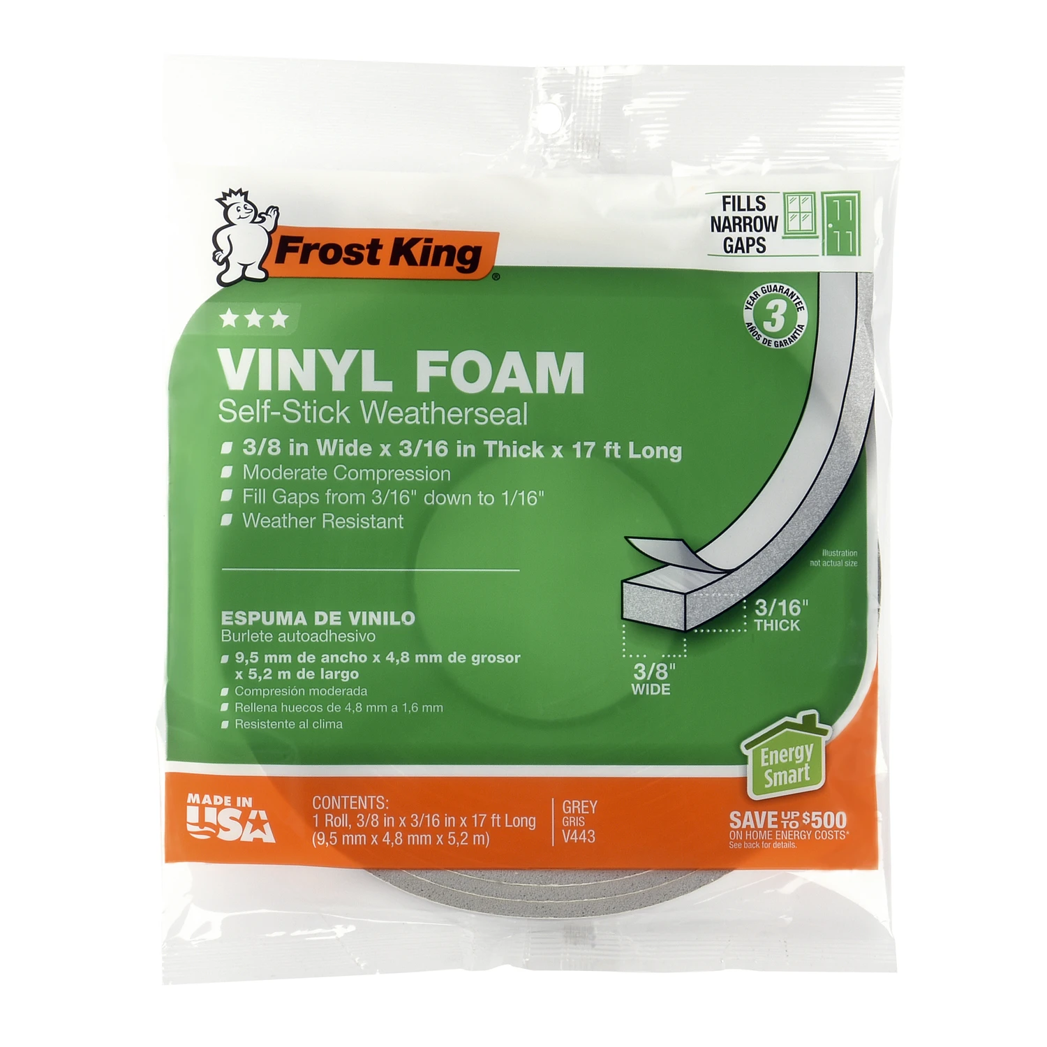 Vinyl Foam Weatherseal Tape 3/8 Inch Width By 3/16 Inch Thickness By 17 Feet Length