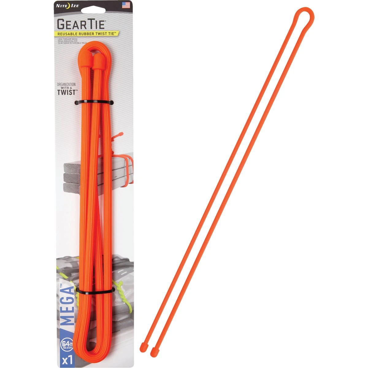 Gear Tie Mega Twist Tie, Bright Orange, 64-in.