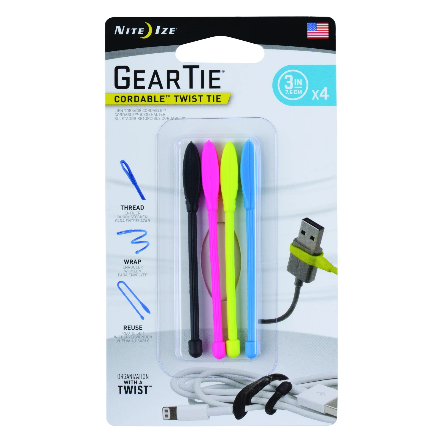Gear Tie Cordable Twist Ties, Assorted Colors, 3-in., 4-pk.