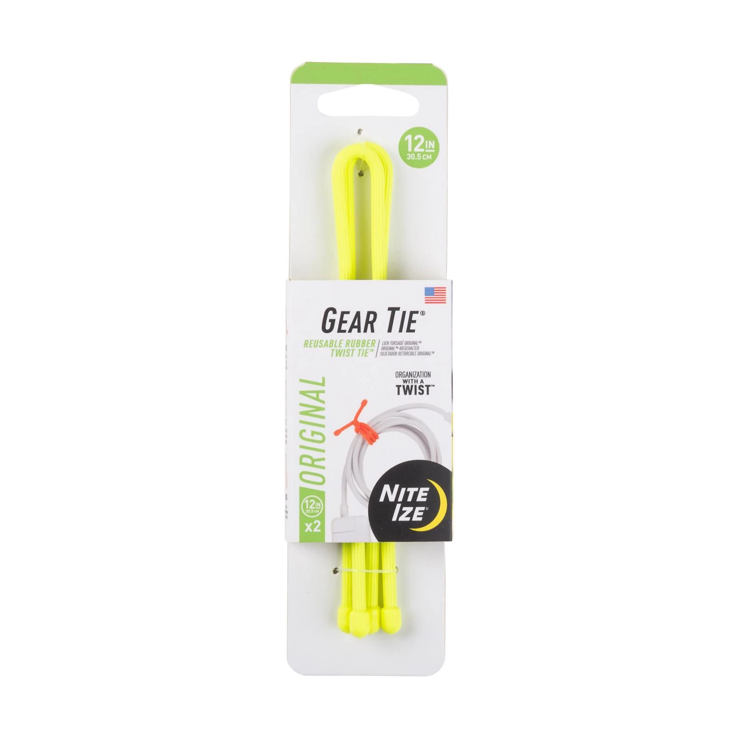 Gear Tie Reusable Rubber Twist Tie, Neon Yellow, 12-in., 2-pk.