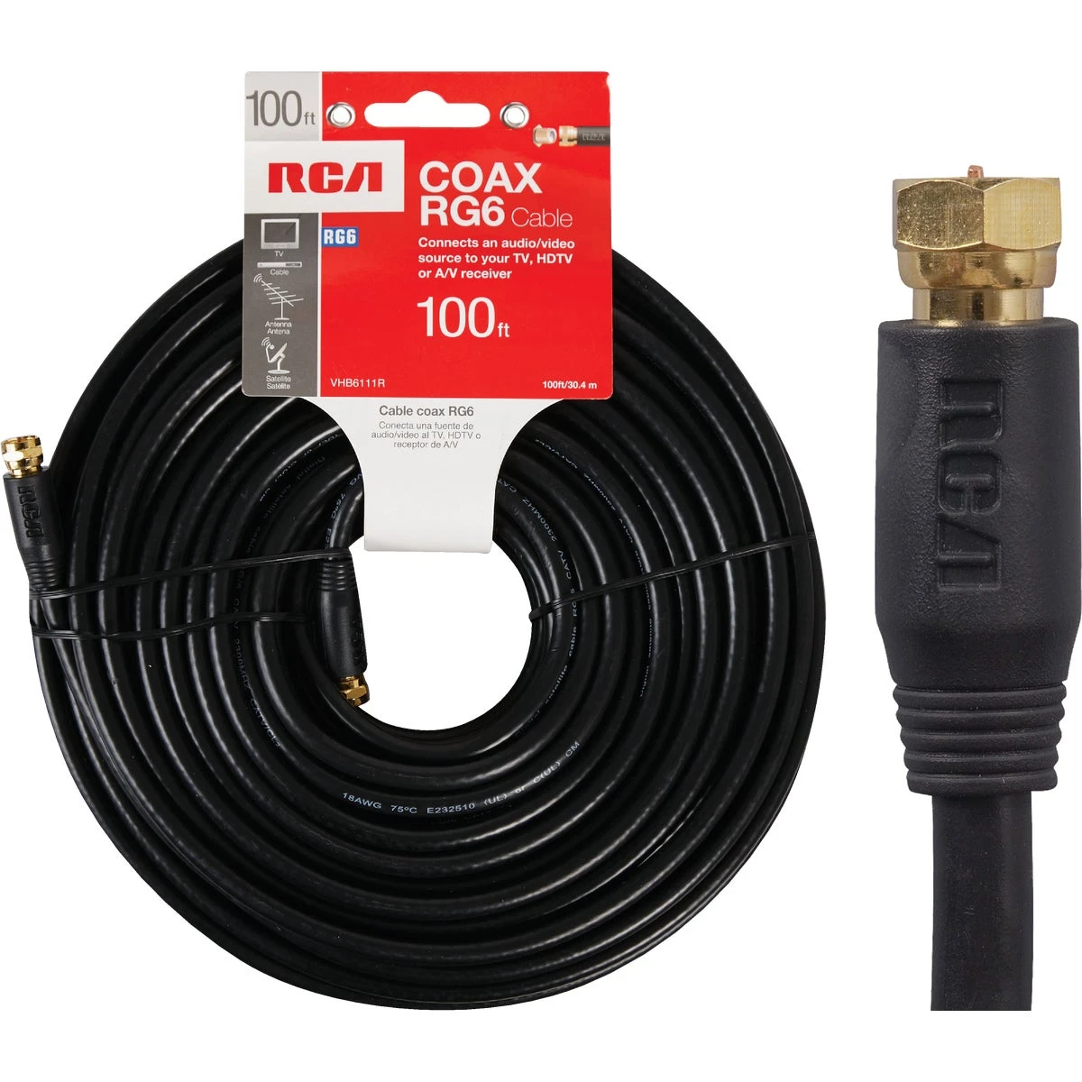 100 Foot Black Rg6u Coaxial Cable With F Connectors For Television And Satellite