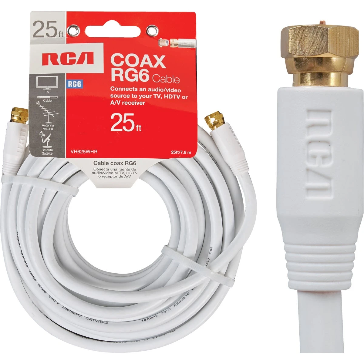 25 Foot White Rg6 Coaxial Cable With F Connectors For Television And Satellite