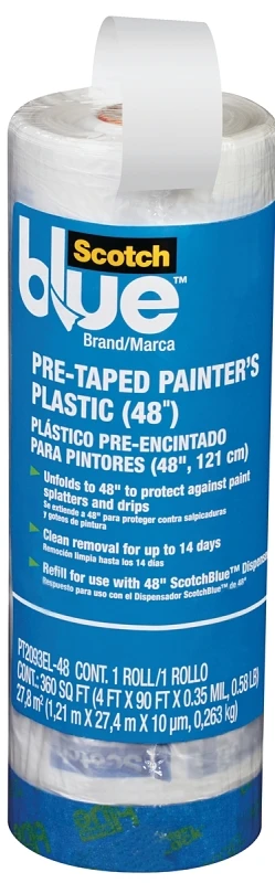 Painter's Plastic Sheeting With Pre-applied Tape, 48 Inch By 90 Foot Roll