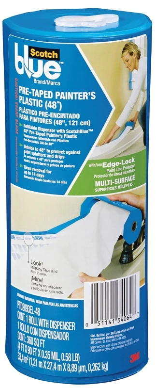 Painter's Plastic Sheeting With Pre-taped Edges And Dispenser, 48 Inches By 90 Feet