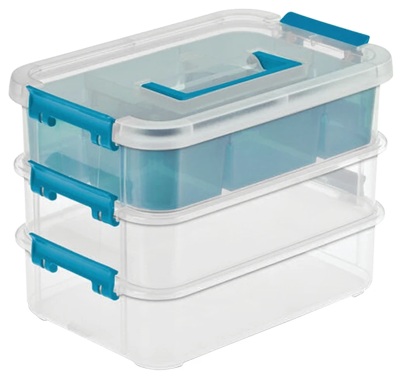Stack And Carry Three Layer Handle Storage Box With Tray