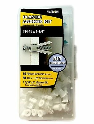 , Ank14, 50 Pack #14 - 16 Anchors, Screws 12 X 1-1/2' Phillips, Plastic Ribbed Anchor Kit