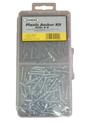 , Ank06, 100 Pack #6 - 8 Anchors, Screws 8 X 1' Phillips, Plastic Ribbed Anchor Kit