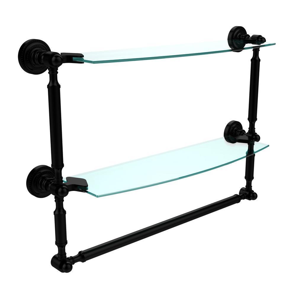 Dottingham 18 in. L x 15 in. H x 5 in. W 2-Tier Clear Glass Bathroom Shelf with Towel Bar in Matte Black