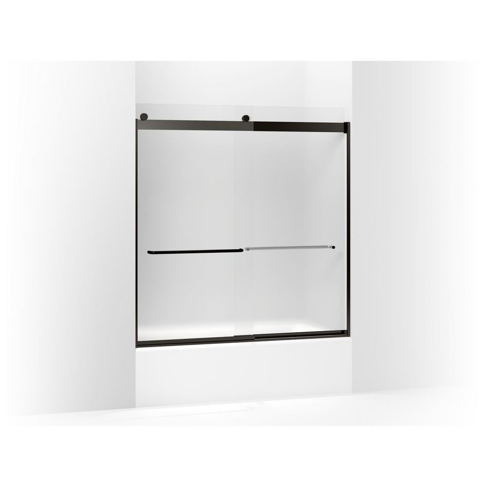 Levity 59.625 in. W x 62 in. H Frameless Sliding Tub Door with Towel Bars in Anodized Dark Bronze
