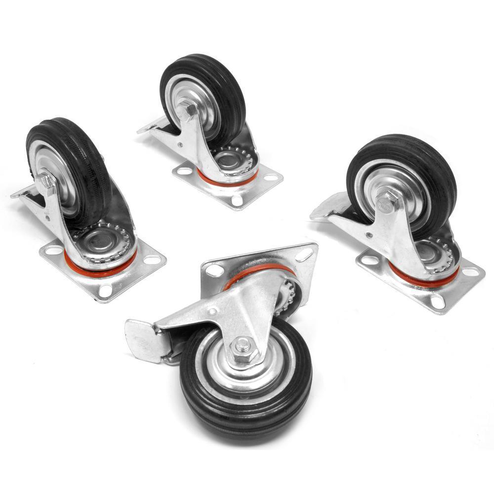 3 in. 110 lbs. Capacity Rubber Roller-Bearing Swivel Plate Caster with Brake (4-Pack)