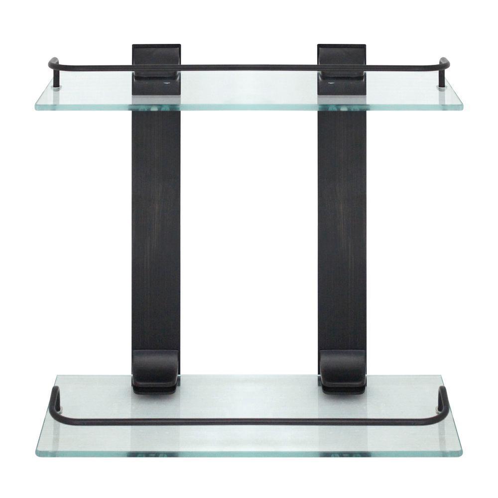 13.75 in. W Double Glass Wall Shelf with Pre-Installed Rails in Rubbed Bronze