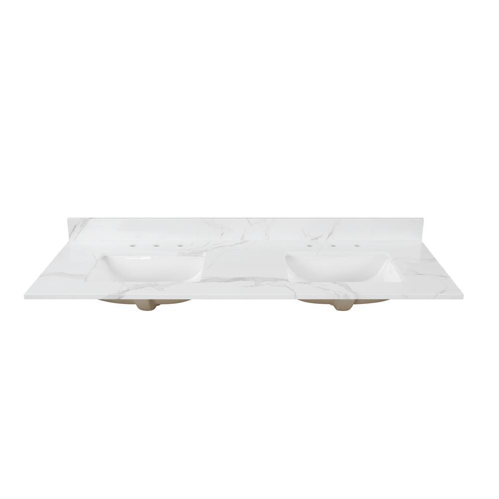 73 in. W x 22 in. D x 0.75 in. H Engineered Marble Vanity Top in Calacatta White with White Basins