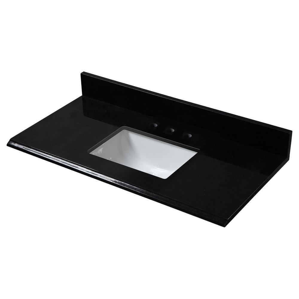 37 in. W Granite Single Trough Sink Vanity Top in Midnight Black