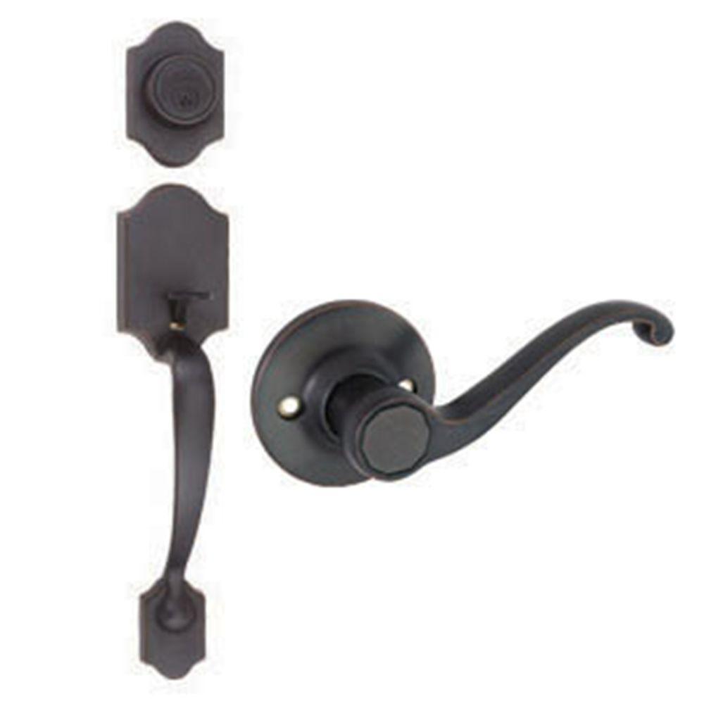 Sussex Oil-Rubbed Bronze Handleset with Scroll Lever Interior and Single Cylinder Deadbolt