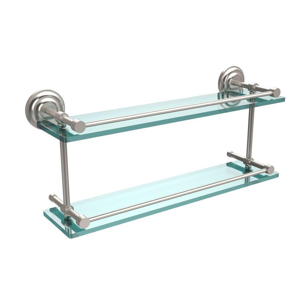 Que New 22 in. L x 8 in. H x 5 in. W 2-Tier Clear Glass Bathroom Shelf with Gallery Rail in Satin Nickel