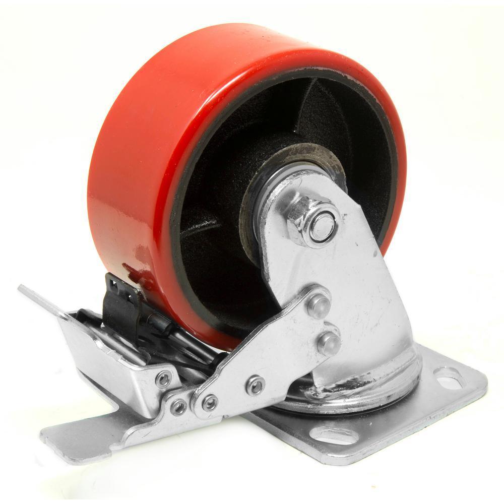 5 in. 660 lbs. Capacity Cast Iron and Polyurethane Double-Bearing Swivel Plate Caster with Brake