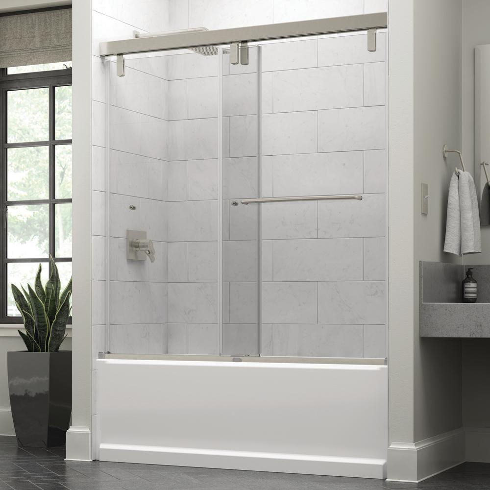 Portman 60 x 59-1/4 in. Frameless Mod Soft-Close Sliding Bathtub Door in Nickel with 3/8 in. (10mm) Clear Glass