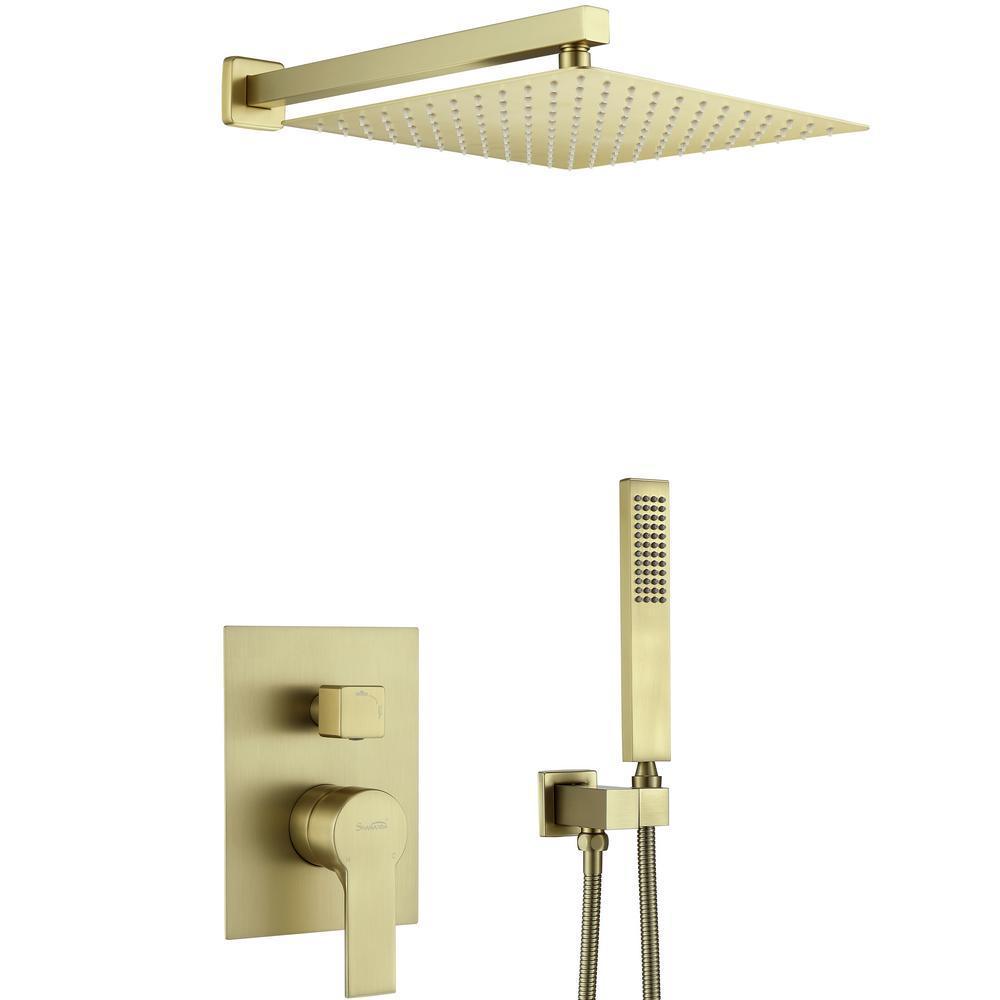 1-Spray Patterns with 2.66 GPM 12 in. Wall Mount Dual Shower Heads with Rough-In Valve Body and Trim in Brushed Gold
