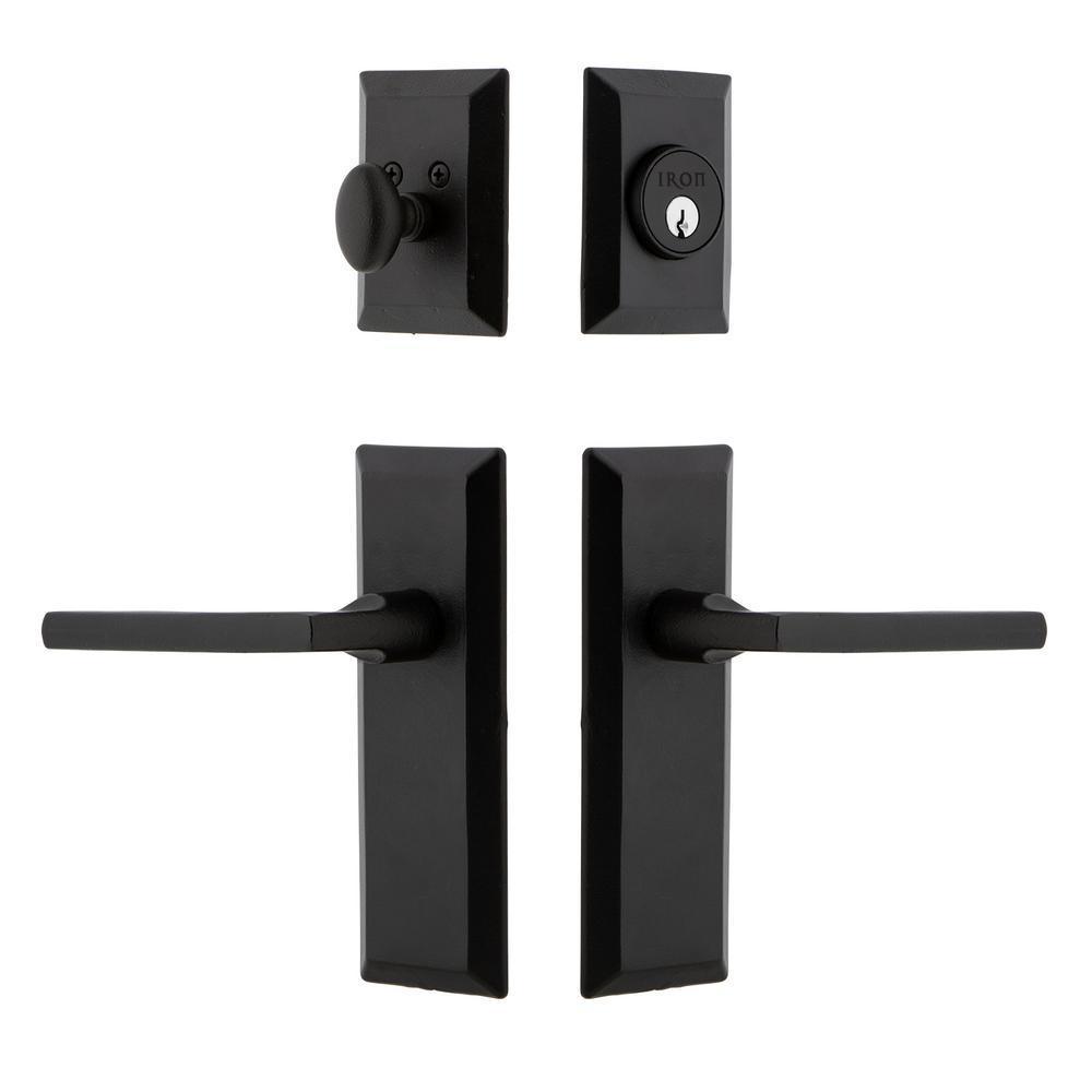 Keep Plate Black Iron Door Handleset Combo Pack with Dirk Door Lever