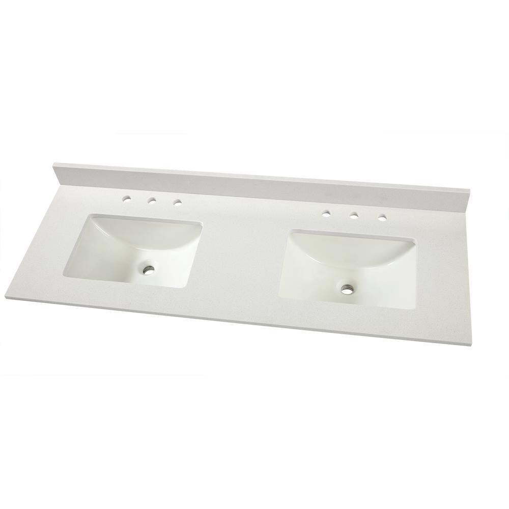 61 in. W x 22 in. D Engineered Marble Vanity Top in Snowstorm with White Double Trough Sinks