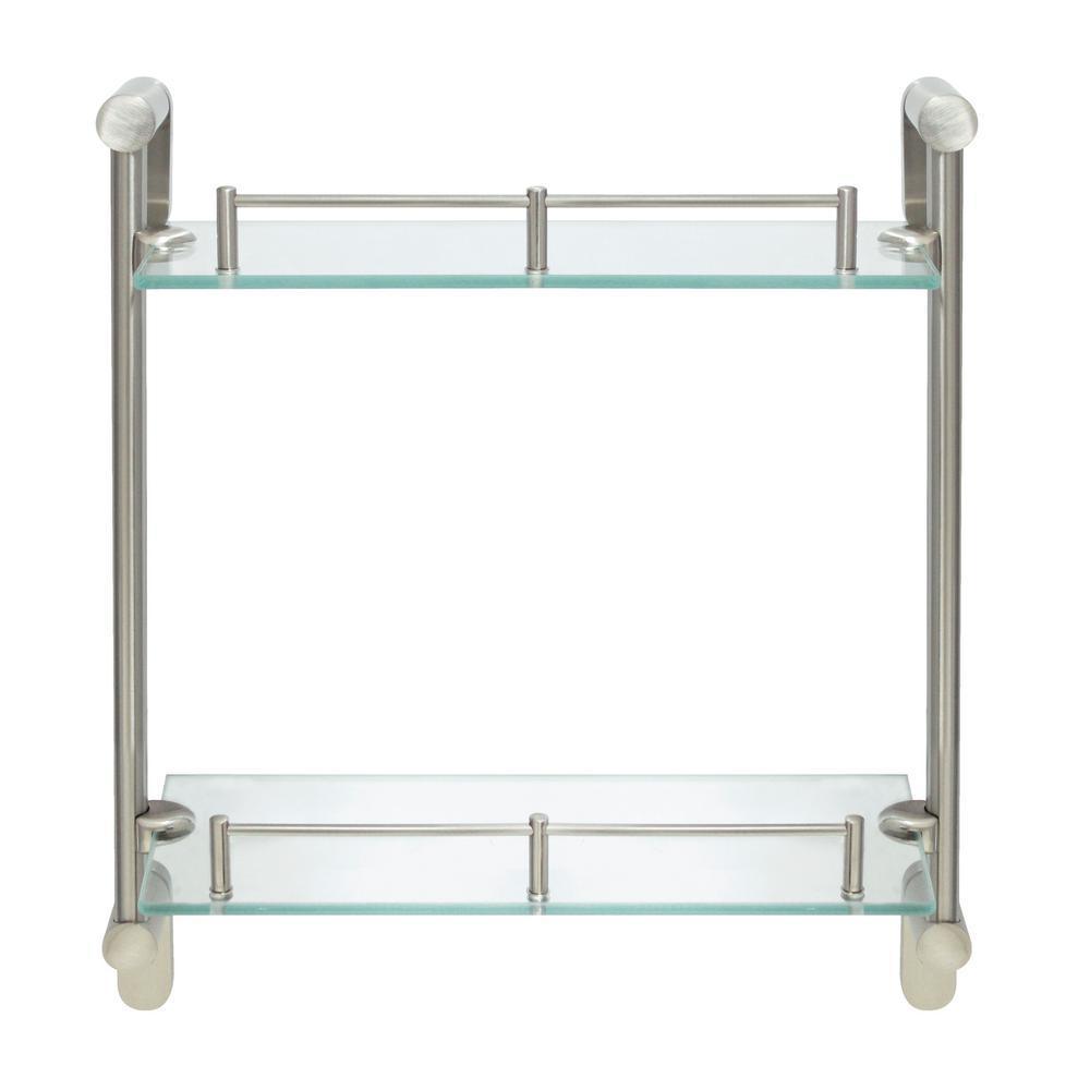 Oval 14.75 in. W Double Glass Wall Shelf with Pre-Installed Rails in Satin Nickel
