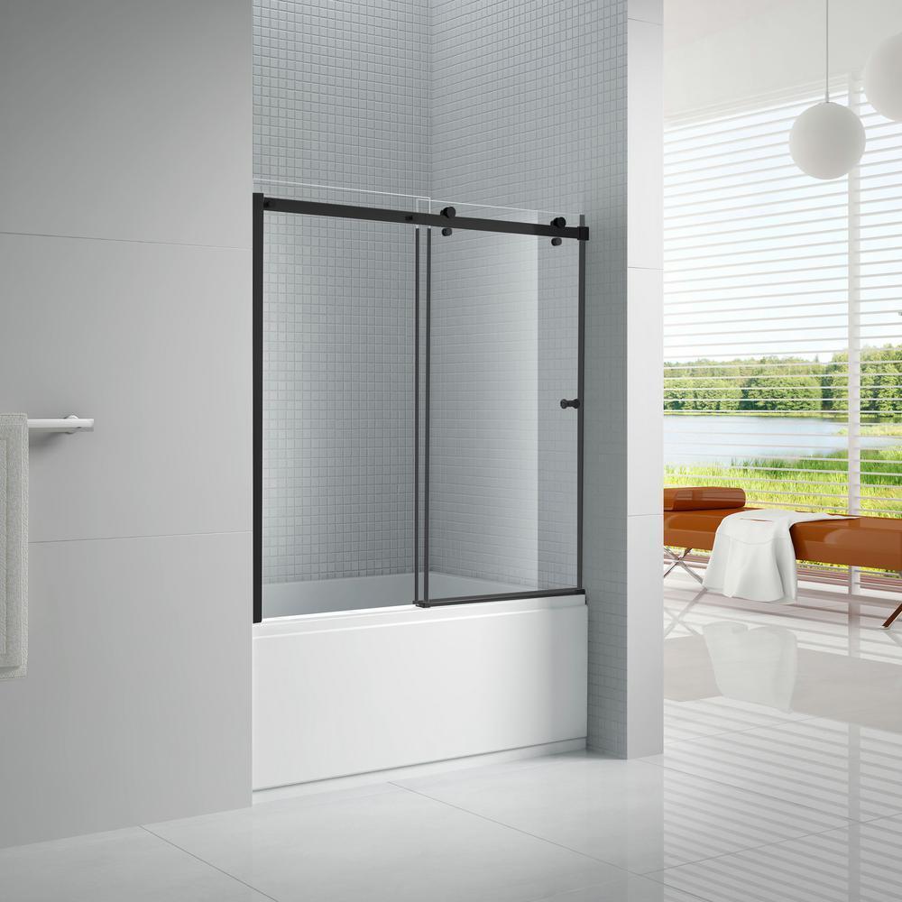 Primo 60 in. x 57.50 in. Frameless Sliding Bathtub Door in Black Without Handle