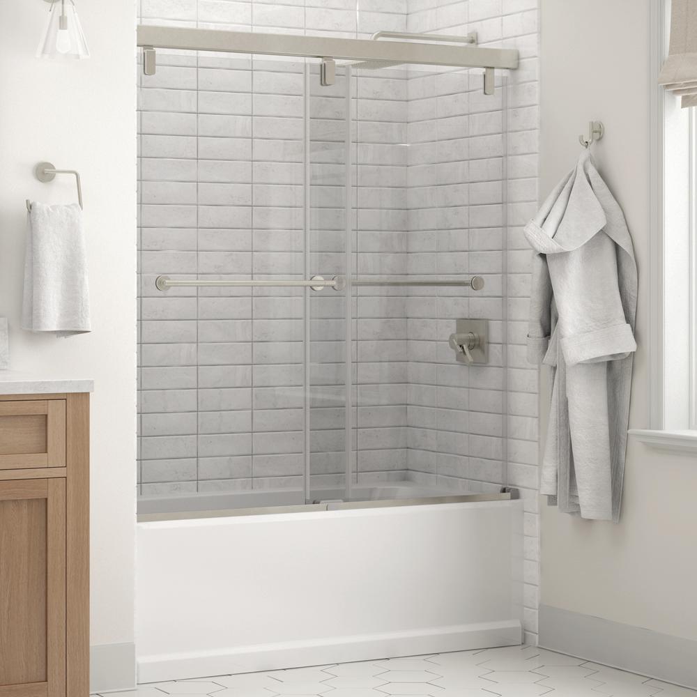 Lyndall 60 x 59-1/4 in. Frameless Mod Soft-Close Sliding Bathtub Door in Nickel with 1/4 in. (6mm) Clear Glass